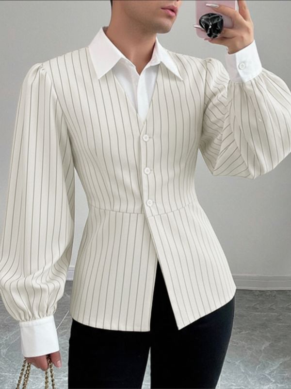 Men's Striped Color Block Cinched Waist Long Sleeve Shirt SKUL41383