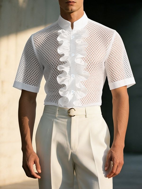Men's French Ruffle Mesh Design Short Sleeve Shirt SKUL63170