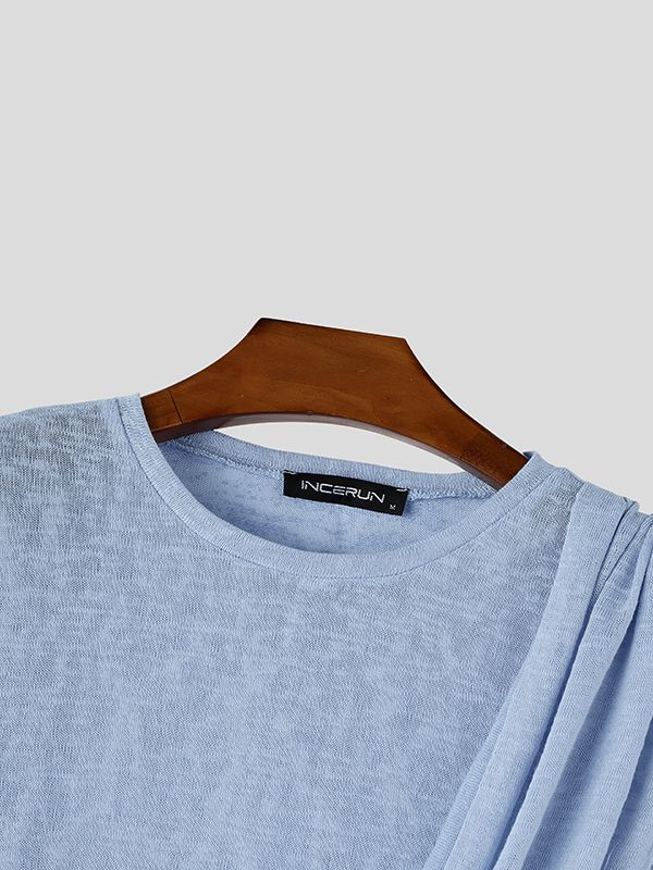 Men's Avant-Garde Party Draped Shoulder Sash Ruched Short Sleeve Round Neck T-shirt SKUL68400