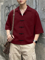 Men's Waffle Plaid Frog Button Half Sleeve Shirt SKUL55367