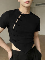 Men's Solid Color Knit Frog Button Short Sleeve T-shirt SKUL58738