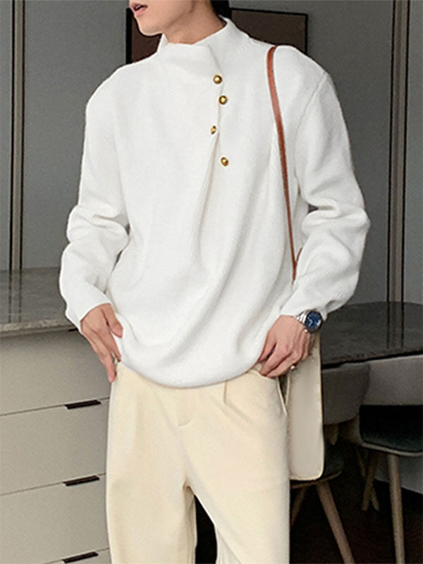 Men's Metal Buckle Patchwork Textured Long Sleeve Sweater SKUL29608