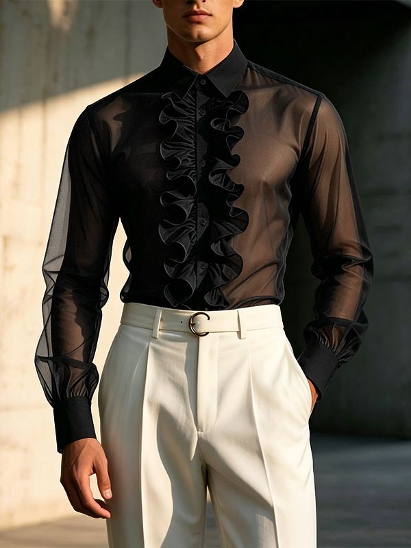 Men's Avant-Garde Romantic Sheer Mesh Ruffled Front Button-Down Shirt SKUL63169