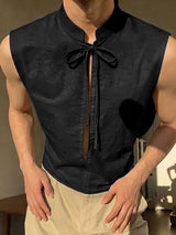Men's Avant-Garde Neo-Chinese Open-Slit Tie-Front Mandarin Collar Tank SKUL75616
