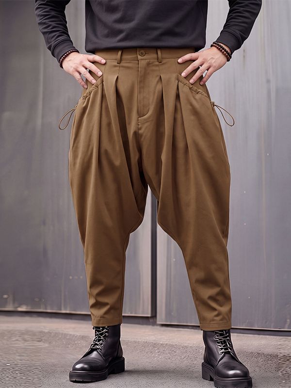 Men's Avant-Garde Techwear Side Drawstring Ruched Low Drop Crotch Tapered Cuff Ankle Length Harem Pant SKUL84024