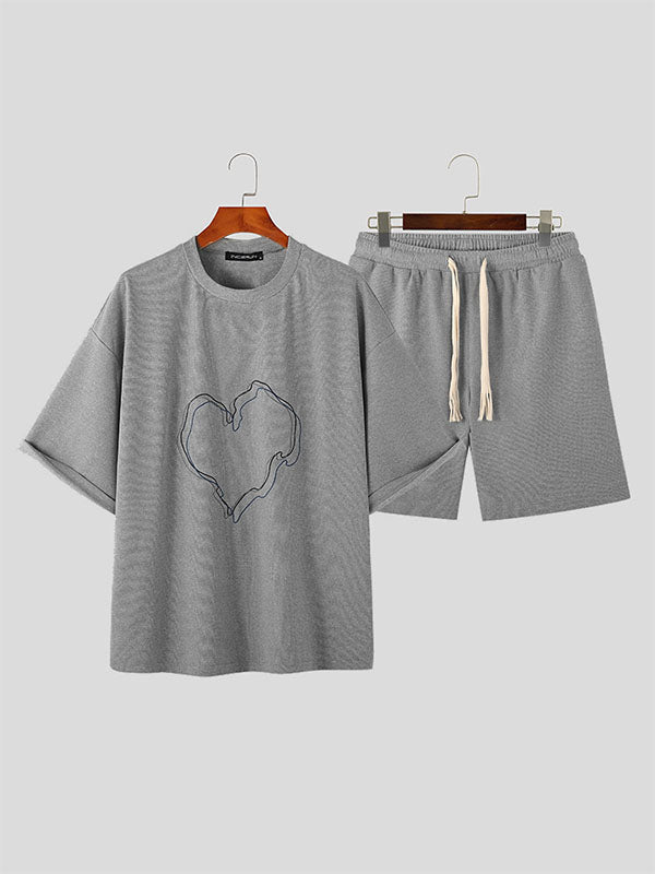 Mens Waffle Heart Embroidered Two Pieces Outfits SKUK07296