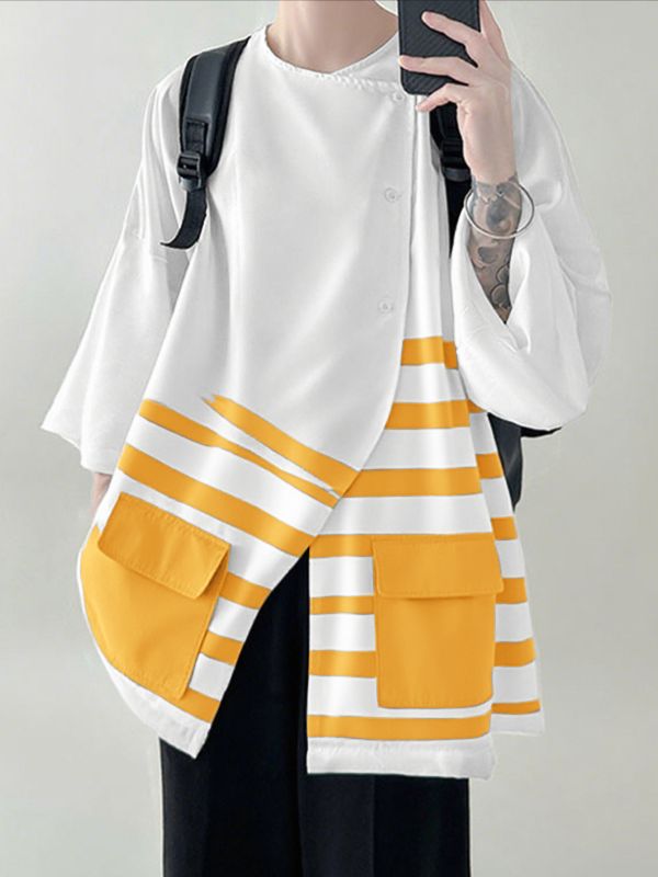 Men's Striped Pocket Loose Long Sleeve Shirt SKUL27175