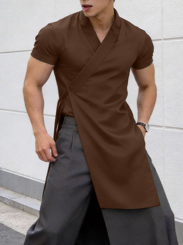 Men's Solid Color Tie Short Sleeve Cardigan SKUL60272
