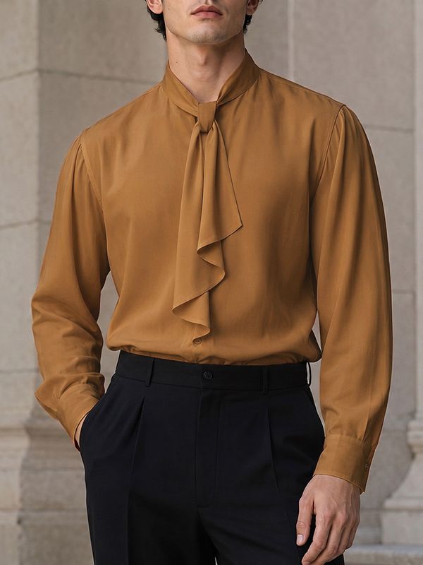 Men's Retro Cocktail Party Cascading Tie Neck Silk-Like Fluid Drape Long Sleeve Bow Collar Shirt SKUL83230