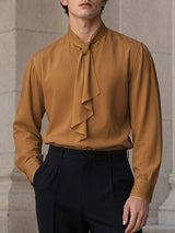 Men's Retro Cocktail Party Cascading Tie Neck Silk-Like Fluid Drape Long Sleeve Bow Collar Shirt SKUL83230