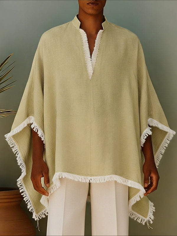 Men's Tassel Patchwork V Neck Long Sleeve T-shirt SKUL52014