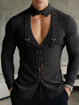 Men's Cut-Out Drawstring Eyelet Long Sleeve Shirt SKUL38657