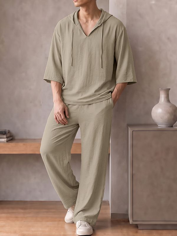 Men's Chill Minimalist Vacation Resort Crinkle Textured Drawstring Hooded Two Pieces Outfit SKUL85413