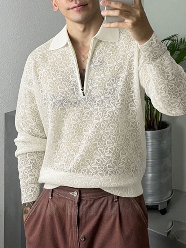 Men's Jacquard Knit Sheer Long Sleeve Zip Shirt SKUL39696