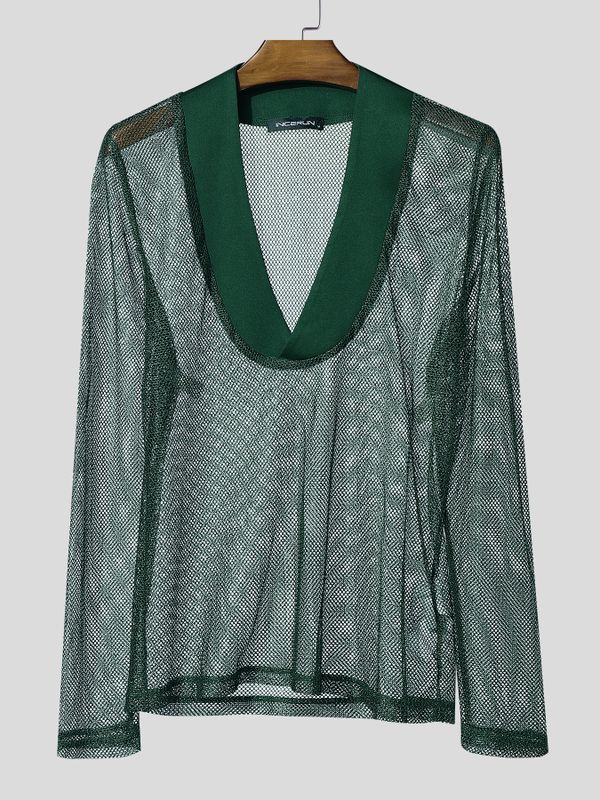 Men's Sheer Mesh Shiny Long Sleeve T-shirt SKUL54091
