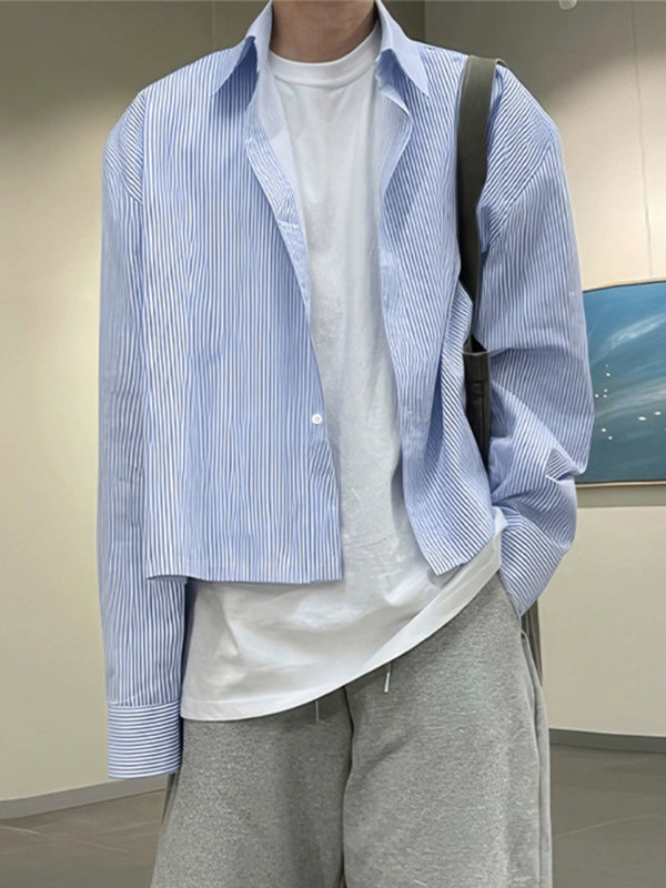 Men's Striped Lapel Cropped Long Sleeve Shirt SKUL31660