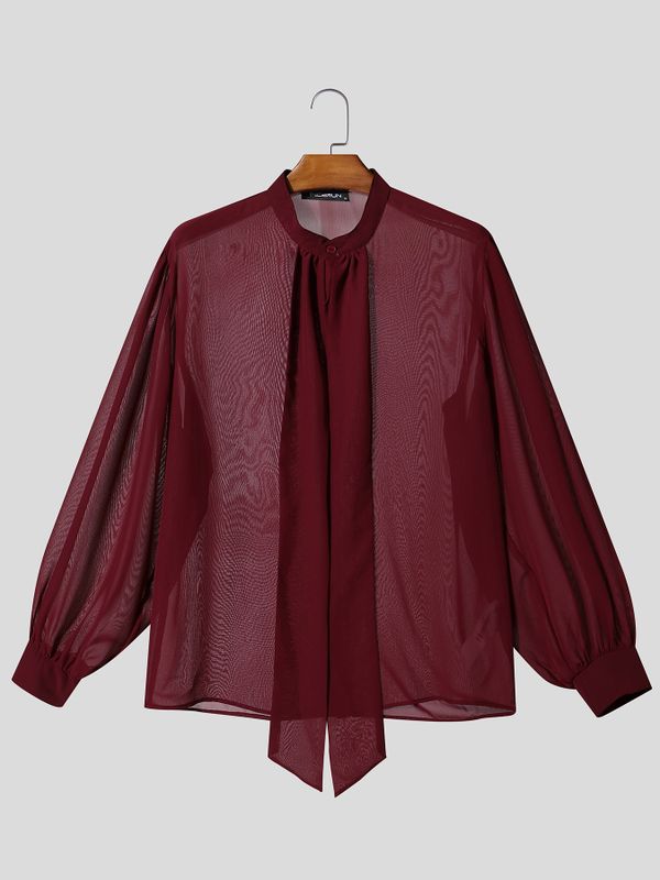 Men's Gothic Victorian Sheer Chiffon Tie Neck Lantern Sleeve Loose Shirt SKUL76758