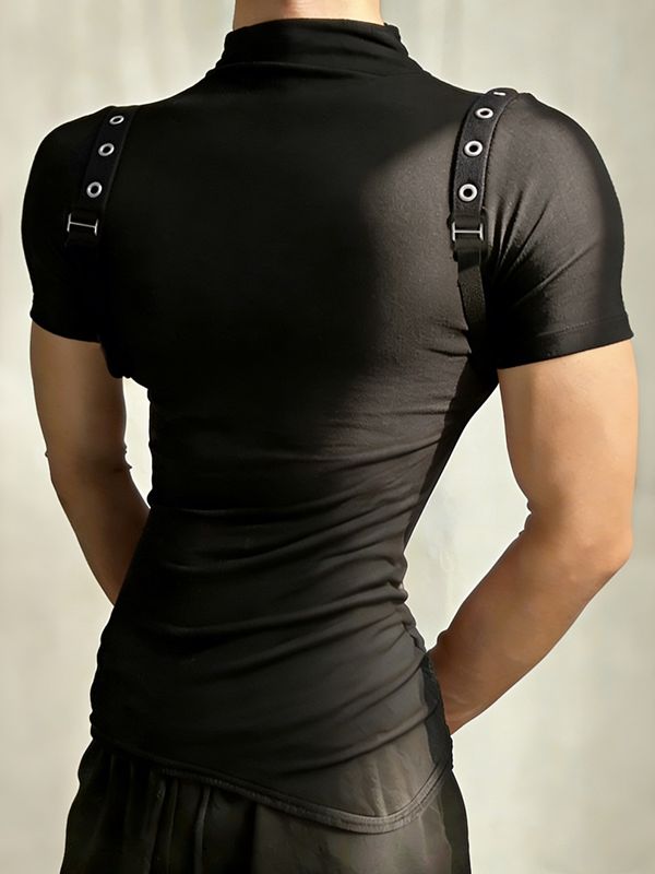 Men's Techwear Slim Fit High Stretch Mock Neck Short Sleeve T-shirt SKUL64086