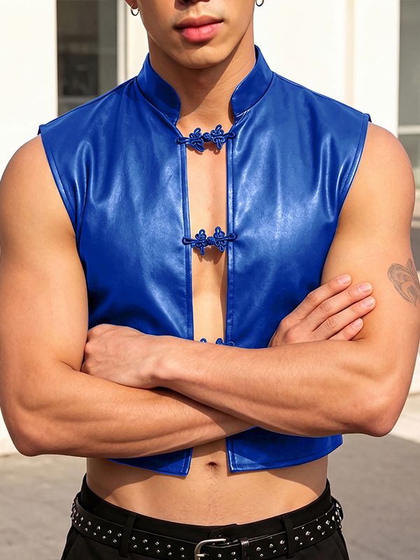 Men's Avant-Garde Modern Chinoiserie Faux Leather Frog Button Cropped Waistcoat SKUL64156
