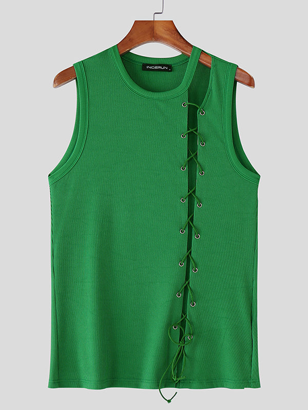 Mens Solid Color Knit Cross Tie Hollow Tank SKUL16798
