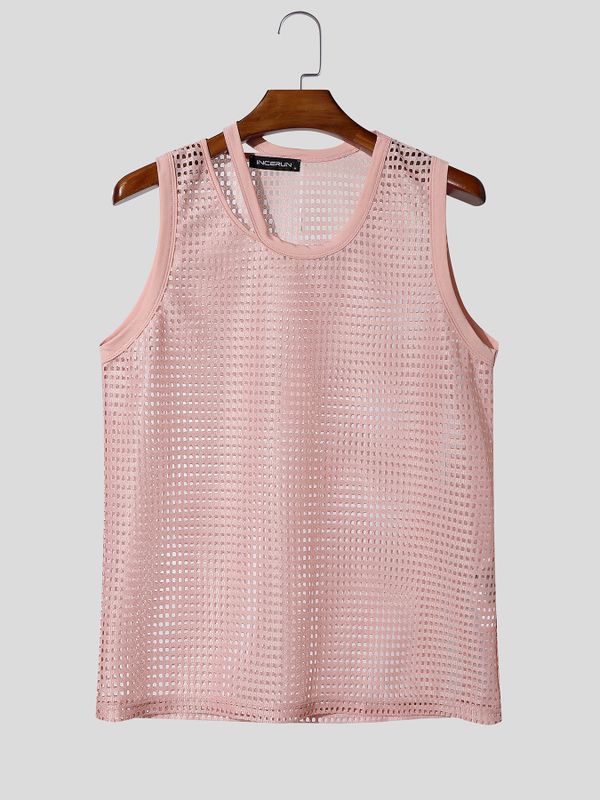 Men's High-Street Cutout Neckline Heavy Mesh Fitted Muscle Tank SKUL70406