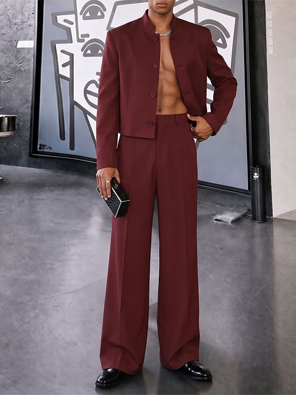 Men's Zen Minimalist Art Exhibition Stand Collar Flap Pocket Cropped Two Pieces Outfit SKUL84620