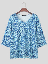 Men's Vintage Holiday Leopard Animal Print V Neck Three Quarter Sleeve T-shirt SKUL73712