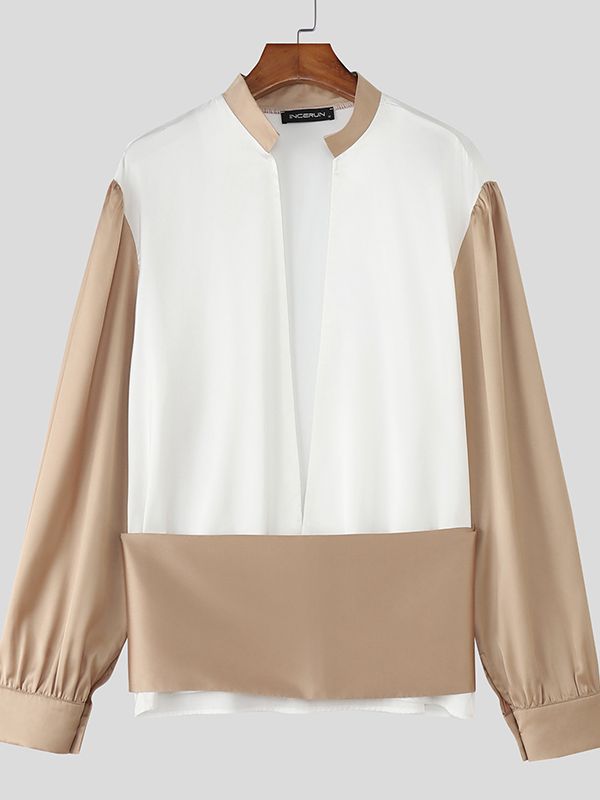 Men's Color Block Stand Collar Long Sleeve Shirt SKUL43992