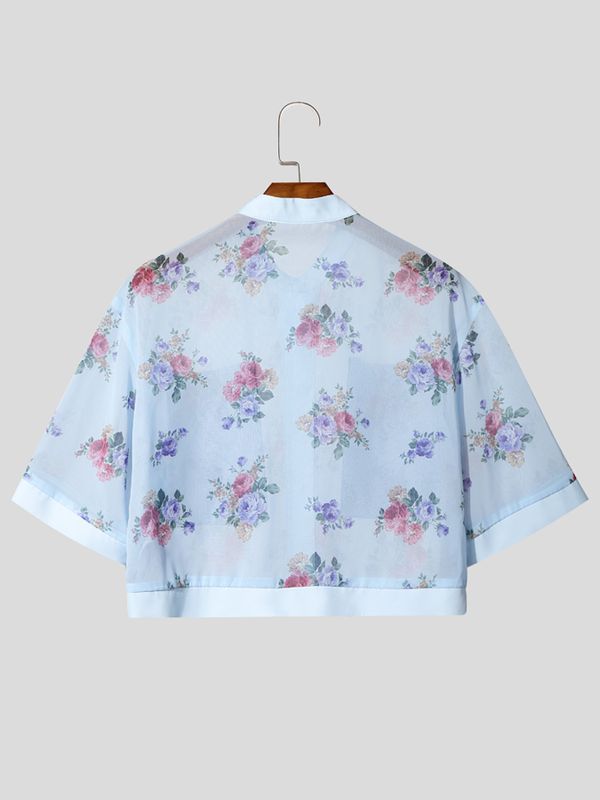 Men's Avant-Garde Floral Sheer Mesh Cropped Mandarin Collar Shirt SKUL60249