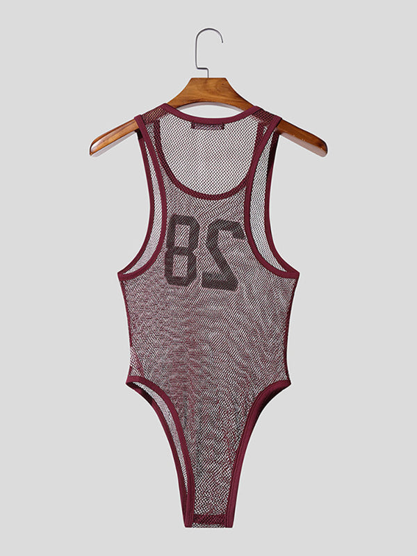 Men's Number Print Sheer Mesh Bodysuit SKUL18796