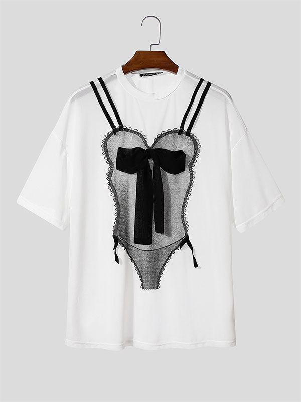 Mens Lace patchwork Semi Sheer Short Sleeve T-Shirt SKUL13757