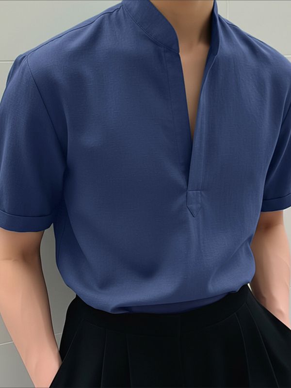 Men's Solid Color Stand Collar Short Sleeve Shirt SKUL49921