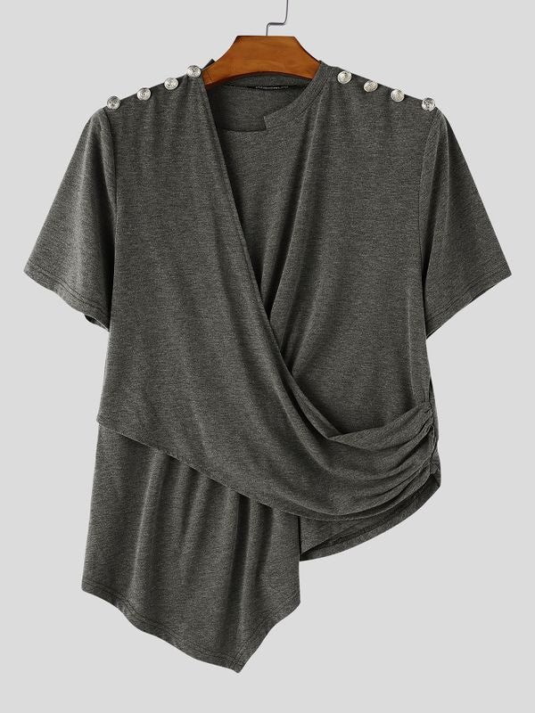 Men's Avant-garde Fashion Draped Metal Button Asymmetric Short Sleeve T-shirt SKUL66864