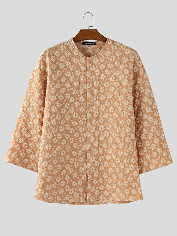 Men's Solid Jacquard Texture Short Sleeve Shirt SKUL26572