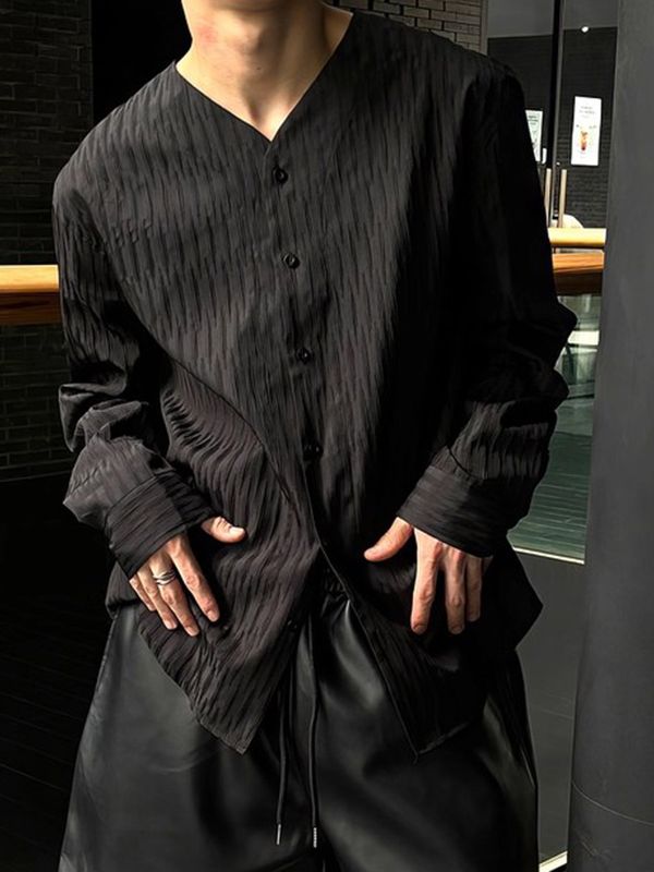 Men's Solid Color Textured Long Sleeve Shirt SKUL41190