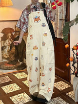 Men's Vintage Japanese Cityboy Cute Cartoon Animal Print Loose Cargo Overall SKUL52906