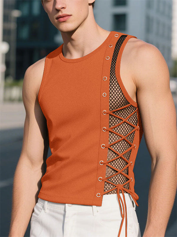 Mens Sheer Mesh Patchwork Drawstring Casual Tank SKUL16680