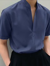 Men's Solid Color Stand Collar Short Sleeve Shirt SKUL49921