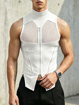 Men's High Street Fashion Mesh Patchwork Multi Zipper Mock Neck High Street Tank SKUL63645