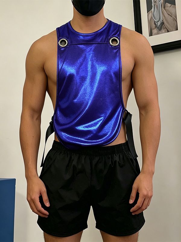 Men's Avant-Garde Metallic Wet-Look Eyelet Detail Open Side Bib Tank SKUL63039