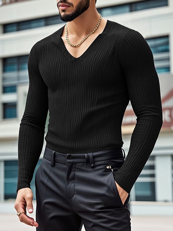 Men's Solid Color Textured V Neck Long Sleeve T-shirt SKUL47617