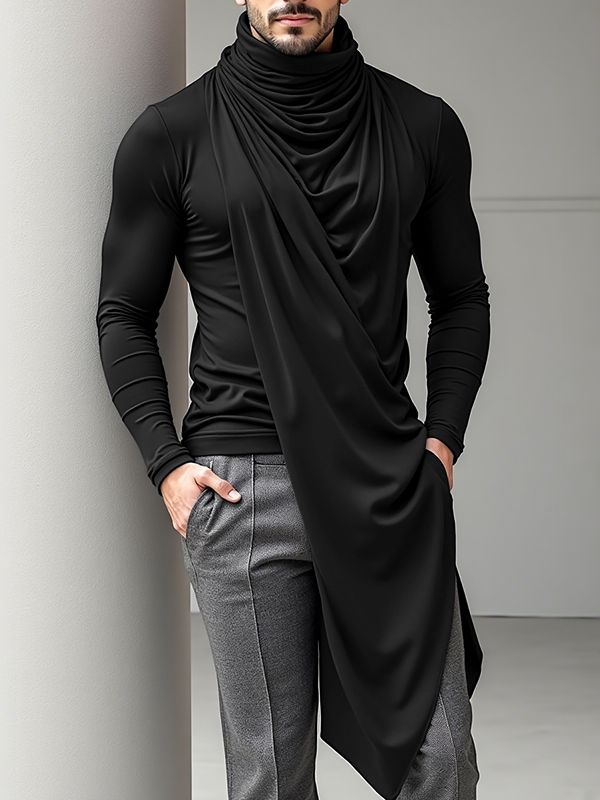 Men's Deconstructed Pleated Stacked Collar Long Sleeve T-Shirt SKUL32848