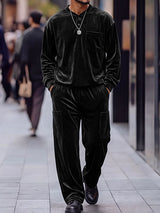 Men's Quiet Luxury Early Autumn Shimmering Velvet Henley Neck Cargo Pocket Two Pieces Outfit SKUL81067