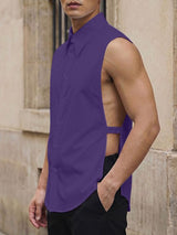Men's Avant-Garde Pointed Collar Open Side Strap Detail Sleeveless Shirt SKUL68073