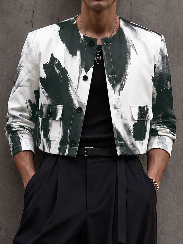 Men's Avant-Garde Gallery Tie-Dye Brush Stroke Collarless Flap Pocket Long Sleeve Cropped Jacket SKUL79118