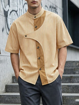 Men's Avant-Garde Asymmetrical Curved Contrast Placket Pinstripe Shirt SKUL64198