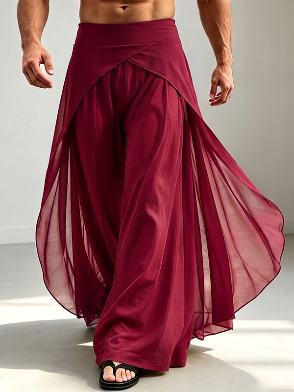 Men's Bohemian Avant-Garde Beach Vacation Chiffon Skirt Overlay Wide-Leg Pant SKUL84058