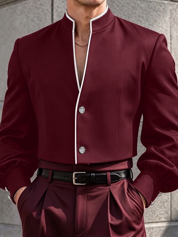 Men's Vintage Royal Evening Ball Contrast Piped Mandarin Collar Jacket SKUL81824