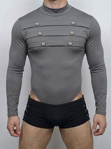 Men's Sexy Retro Stage Performance Military Pleated Double Breasted Button High Cut Long Sleeve Mock Neck Bodysuit SKUL83125