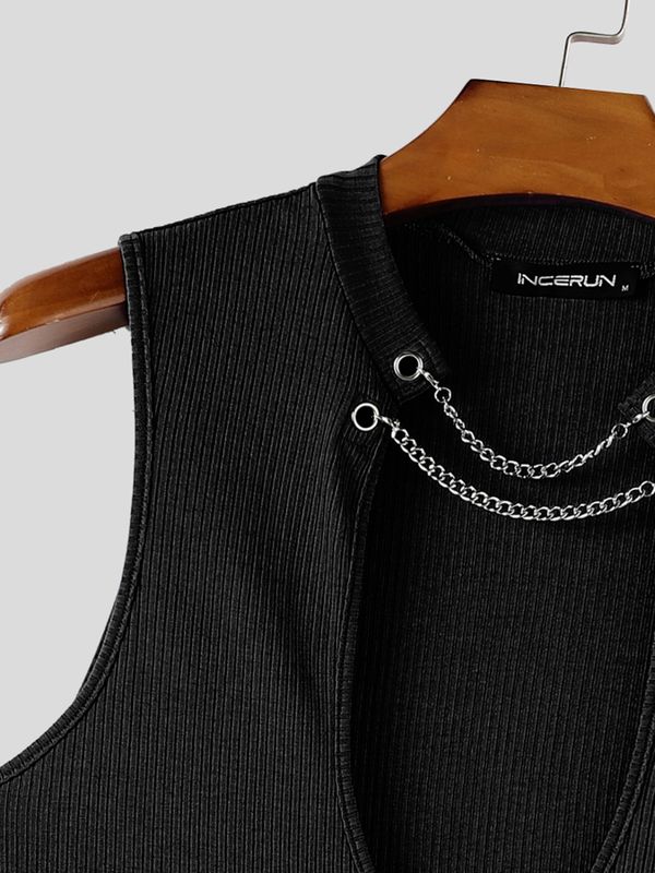 Men's Sexy Avant-Garde Nightclub Party Metal Chain Plunging Cutout Ribbed Bodysuit SKUL84567